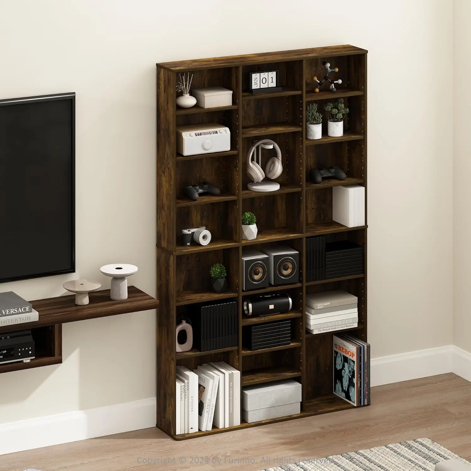 

24-Shelf Multimedia Media Storage Tower Rack with Adjustable Shelves, Amber Pine