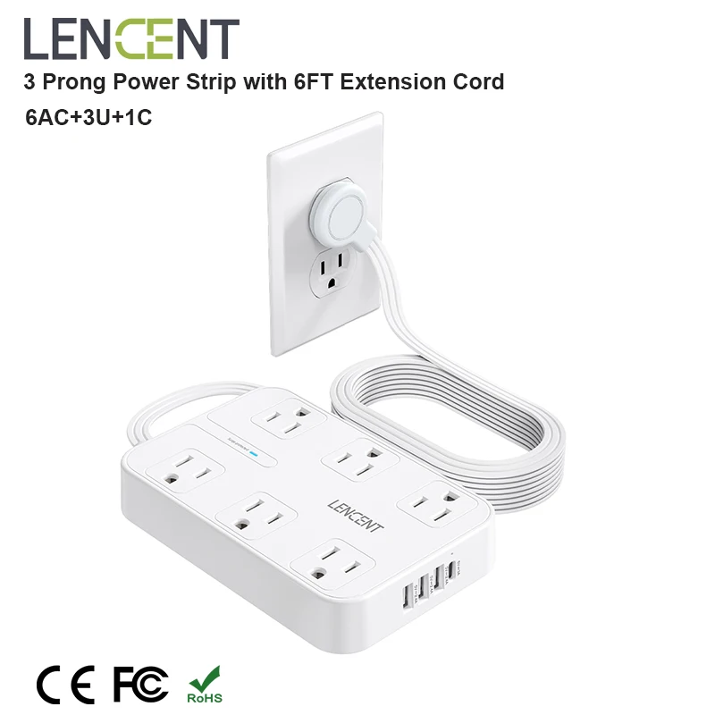 LENCENT 3 Prong Power Strip with 6AC Outlets 3 USB Port 1 Type C 6FT Thin Extension Cord  Surge Protector On/Off Switch for Home