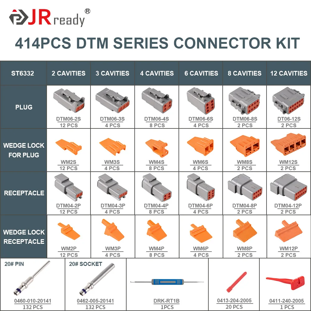 JRready ST6332 Deutsch DTM Connector Kit, 2 3 4 6 8 12 Pin Gray Waterproof DTM Connectors, Size 20 Solid Contact 16-22AWG