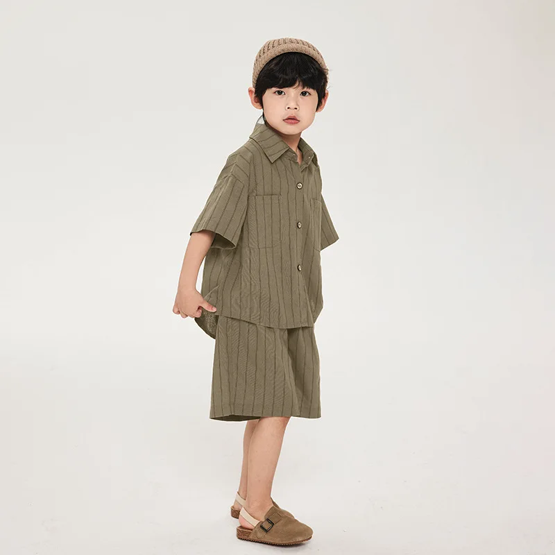 Boy Cotton-Linen Stripe Short Sleeve Pants 2piece Set 26 Summer Autumn Children Shirt Shorts Clothes 3-12 Years Old Money Outfit