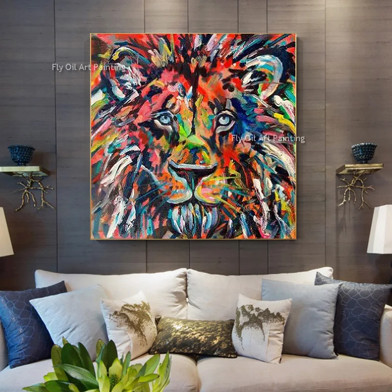 Handmade Abstract Animal Canvas Wall Art Modern Coloful Lions Head Thick Oil Painting New Design Animal Artwork For Room Decor