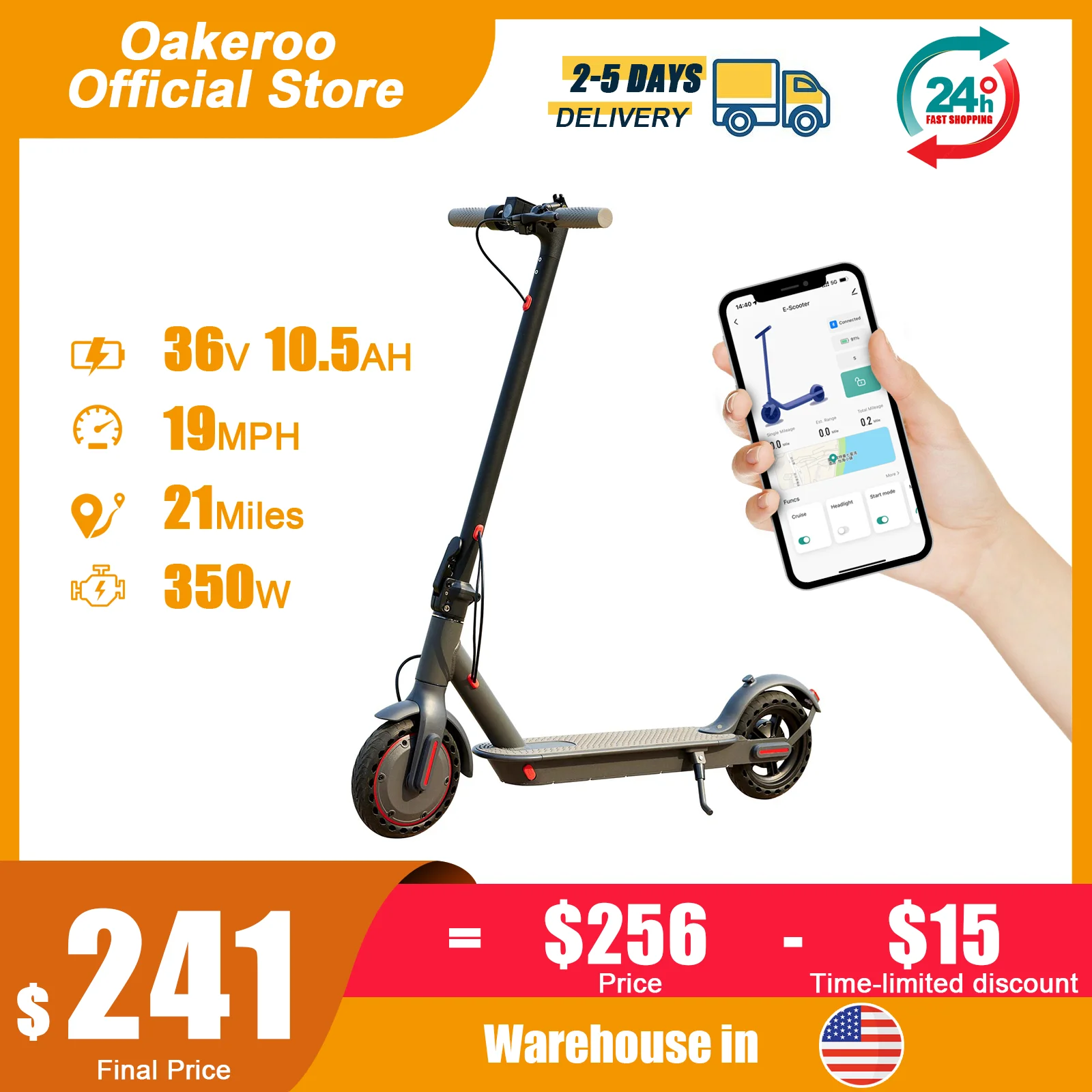 

OAKEROO 36V 10.5Ah 350W Adult Electric Scooter 8.5" Self-balance Folding Kick Escooter 21 Miles 19MPH Smart APP Free Shipping