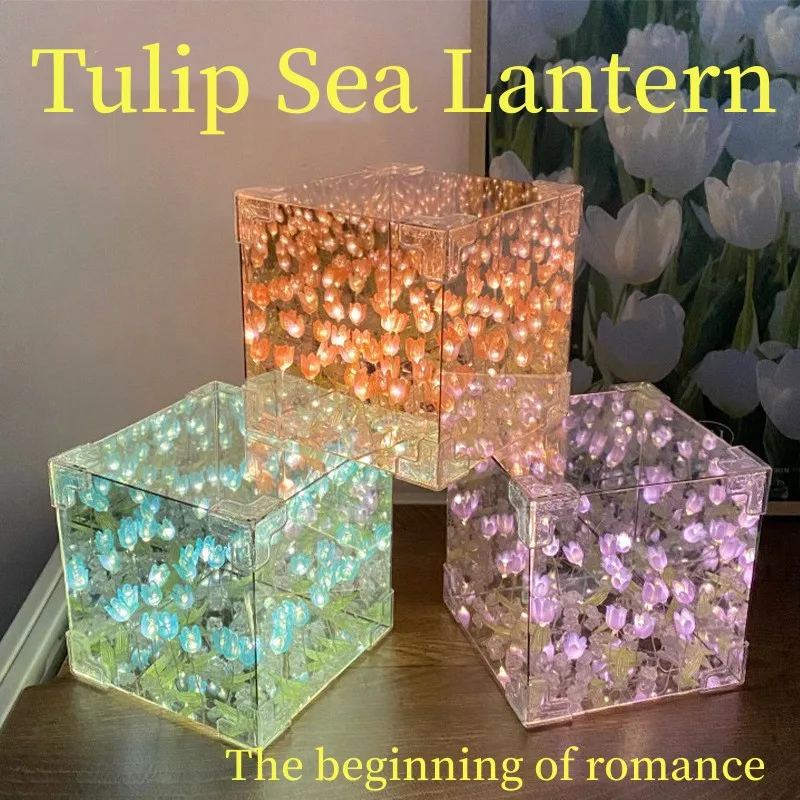 

20 Flowers DIY Flower Sea 3D Cloud Tulip Night Light Mirror Table Lamps Bedroom Ornaments Mirror Table Lamps Bedside Gift