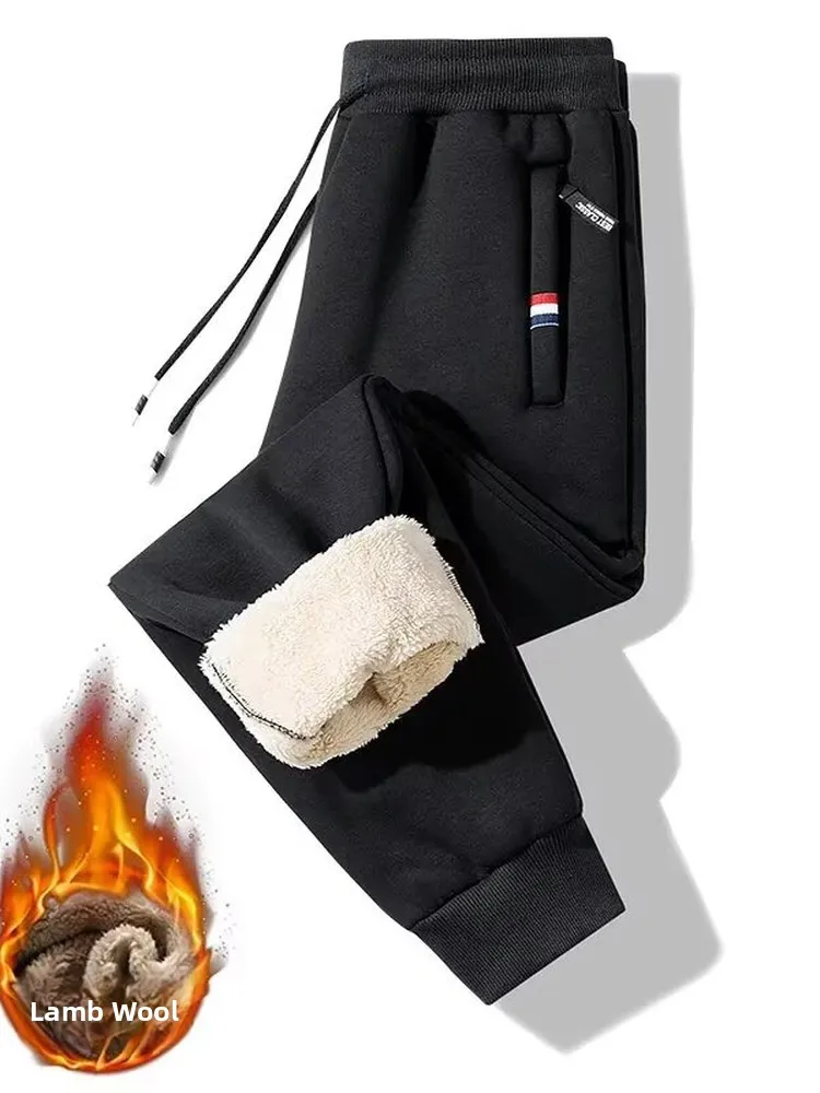 Thickened Lamb Velvet Men's Winter Trousers Loose Fit Casual Warmth Pants Youth Fashion Sport Scene Low Elasticity Pure Color