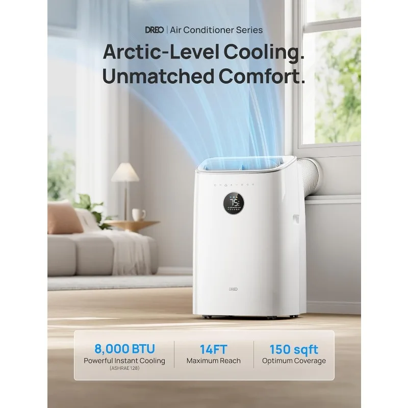 Портативные кондиционеры Dreo, интеллектуальный блок переменного тока 8000 БТЕ ASHRAE (5000 БТЕ DOE) для спальни с охлаждением без дренажа, AC318S