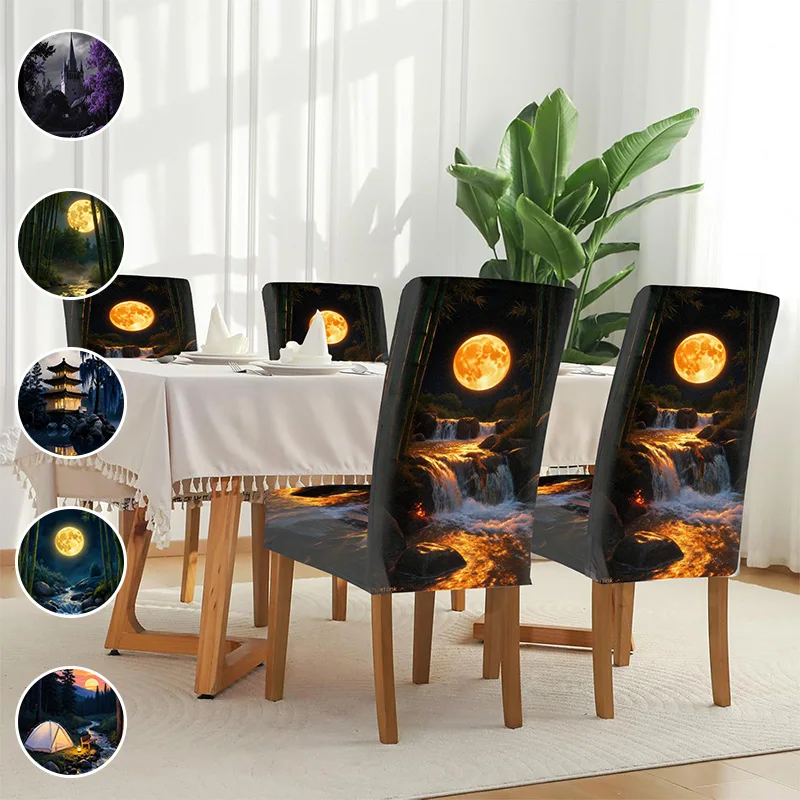

High elasticity printed dining chair cover, moonlight quiet night scene pattern, suitable for home dining table and chairs