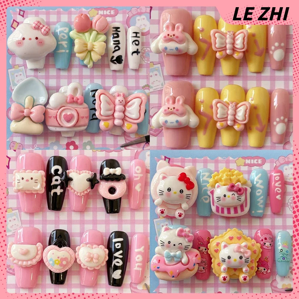 

10Pcs Kawaii Anime 3D Sanrio Hello Kitty Cinnamoroll Handmade Press On Nails Cartoon Butterfly Flower Camera Dessert False Nail