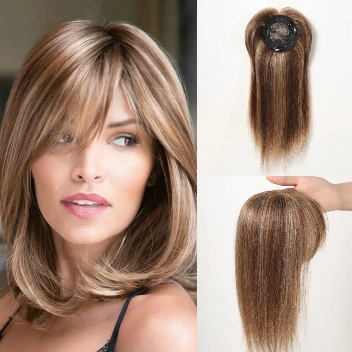 Toppers de cabello humano Real con flequillo para mujeres negras, piezas de cabello rubio marrón liso, 100% Remy, extensión de cabello