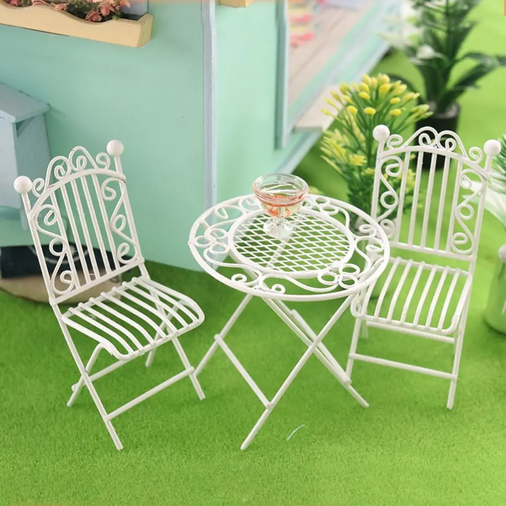 European Style Miniature Metal White Table Chair For 1/12 Dolls House Room Fairy Garden Seat Dolls Playing House Furniture