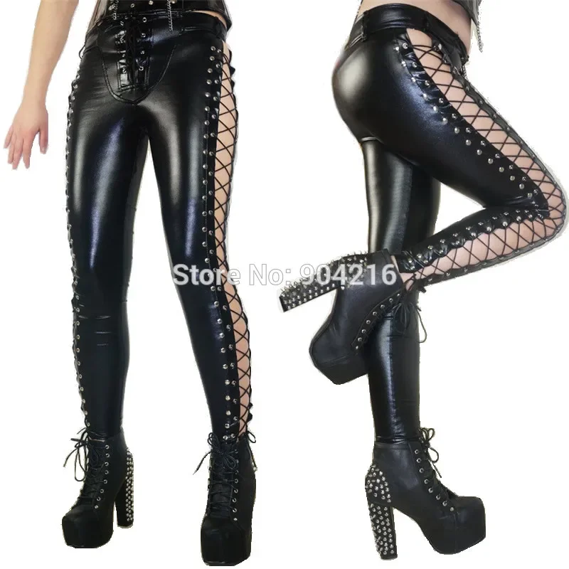 Frauen Leder Hosen WetLook Faux Leder Leggings Frauen Bleistift Hosen Seite String Aushöhlen Hosen Frauen Streetwear Clubwear