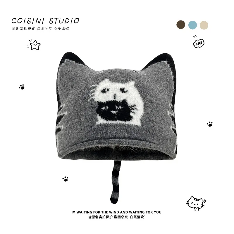 Niedliche Katzen-Jacquard-Strickmütze für Herbst und Winter, Modische und Warme Ohrenschutz-Katzenohr-Beanie-Mütze für Frauen – Detail 5