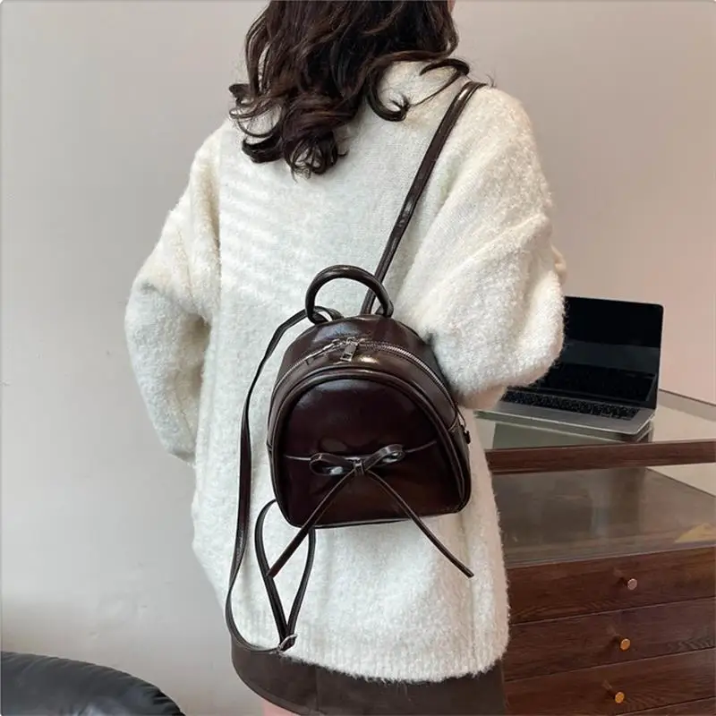 

Cute Bow Solid Zipper Fashion PU Backpack Women's Simple Waterproof Bag Large Capacity Travel Backpack Girly Student School Bags