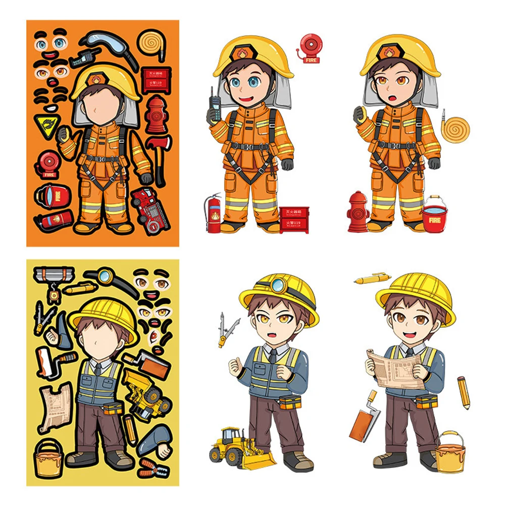 

8/16sheets Different Professions Firefighters Police Puzzle Stickers Cute Cartoon Doctor Make a Face DIY Assemble Jigsaw Decals