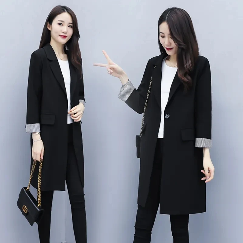 Suit Jacket Mid-Length Korean 2022New Spring Autumn Casual Loose Blazer Blousers Women Windbreaker Lady Black Trench Coat lining