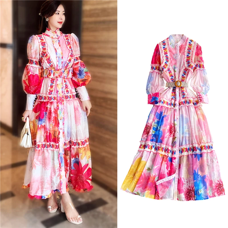 Elegant Casual Women\'s Dresses Fashion Chic Ruffles Irregular Printed Long Dress Holiday Woman Clothing With Belt Vestidos SL305