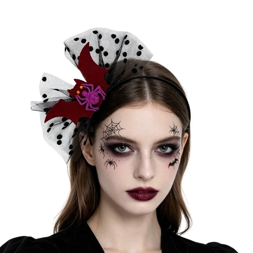 Cartoon Halloween Polka Dot Headband Mesh Bow Bowknot Design Mesh Bow Headband Polka Dot Funny Style Bat Spider Headband
