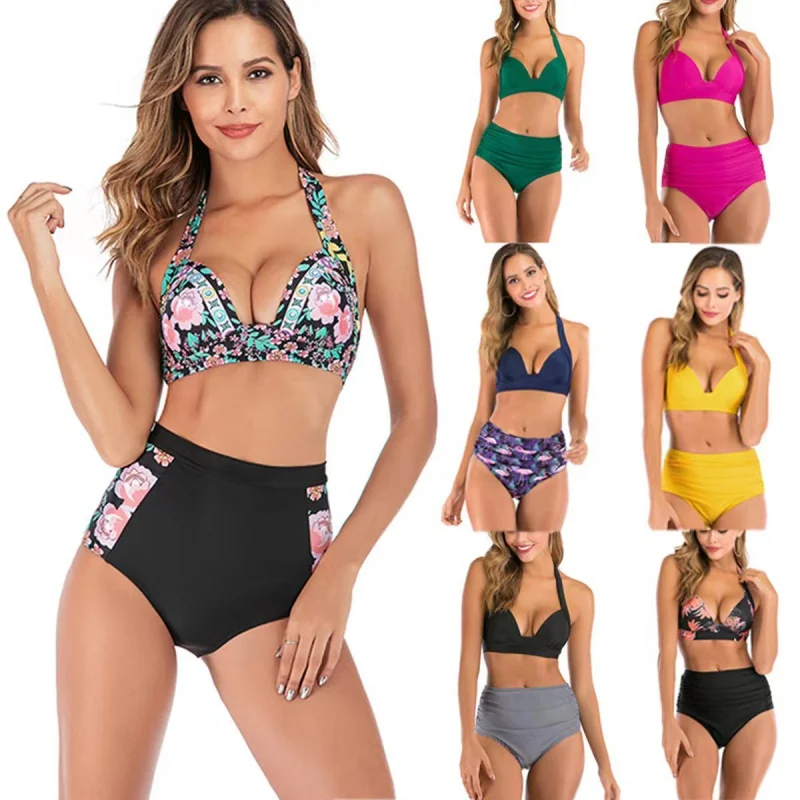 Summer Swimsuit Backless High Waist Swimsuit Split Printed Bikini Swimsuit Women with Chest Pad