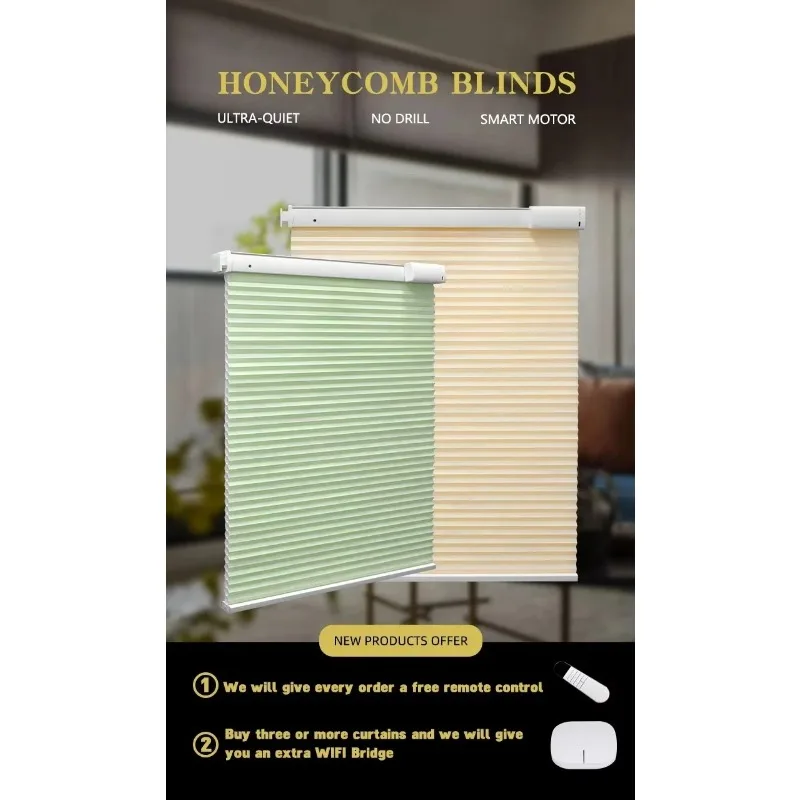 

Custom-made Sunroad Smart Top-Down No-Drill Double Cellular Shades, Motorized Fabric, Vertical Pattern, French Windows