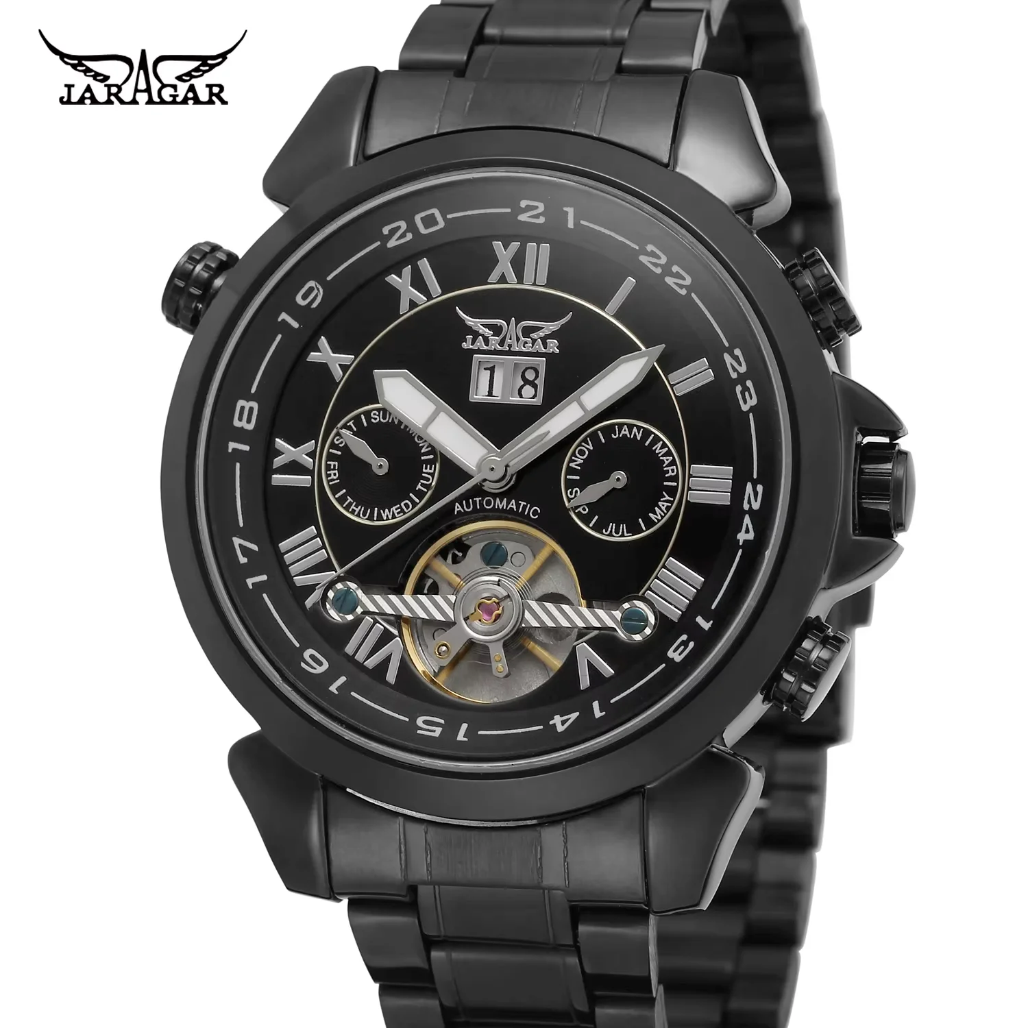 JARAGAR Alloy Mechanical Watch Casual Flywheel Roman Scale Mechanical Watch Calendar Week Steel Strap Wrist Watch
