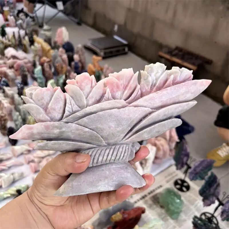 Natural Pink Opal Flower Rose Bouquet Carving Witchcraft Ornaments Home Decoration Accessories Room Decor Gift 1pcs