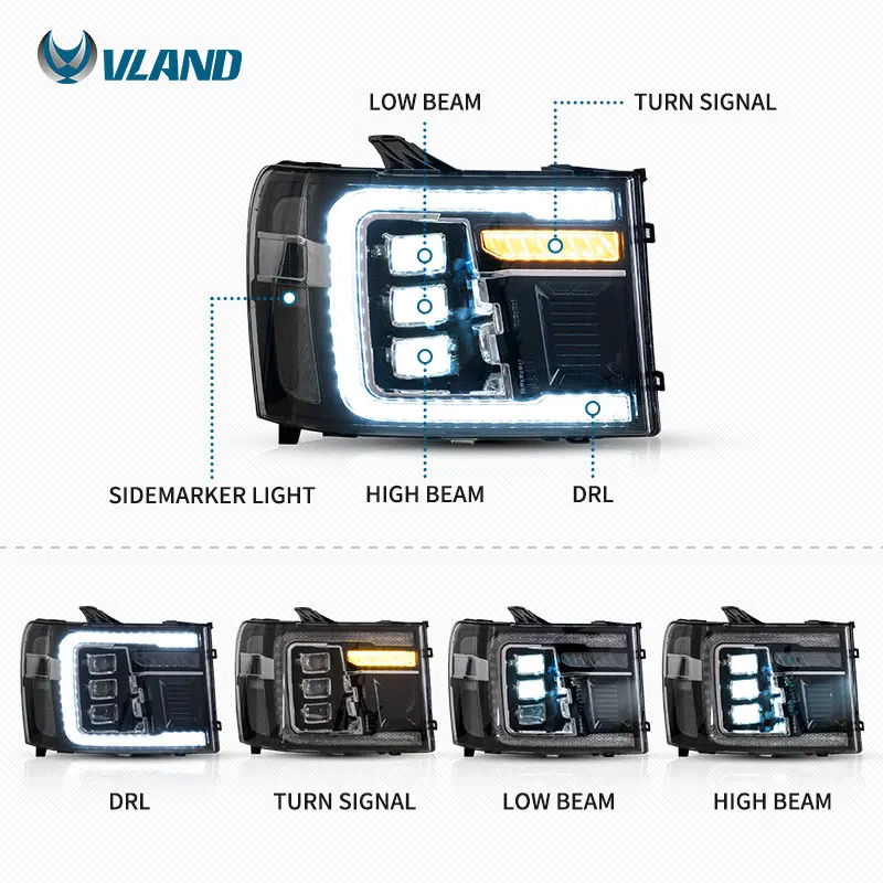 VLAND Factory LED Headlight SLE 2007-2013 Body Kit Accessories Car Part Auto Sequential Headlamp Lighting For GMC Sierra 1500