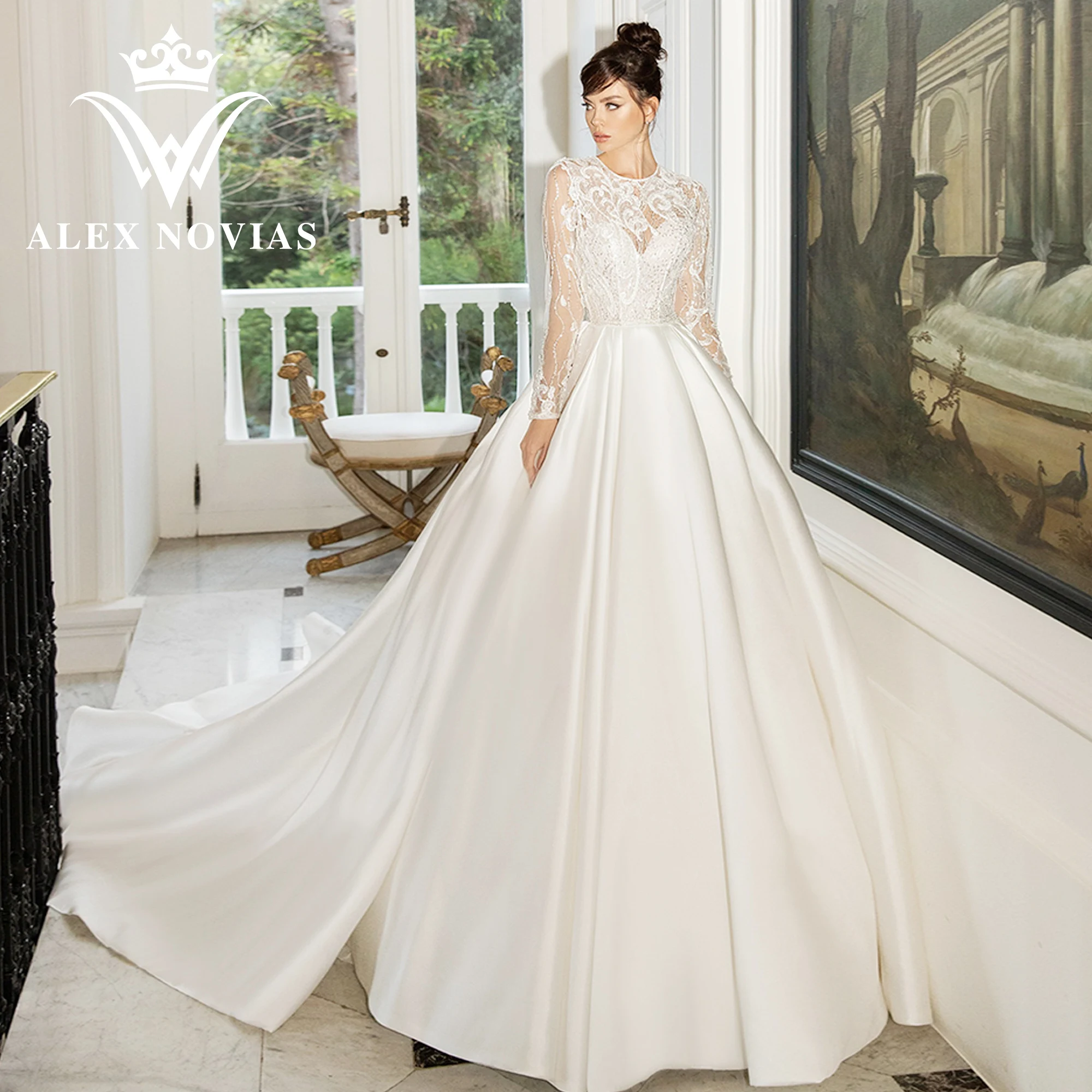 

ALEX NOVIAS A-Line Long Sleeve Satin Wedding Dress 2023 Romantic SCOOP Appliques Sequined Wedding Gown Vestido Novias De Saten