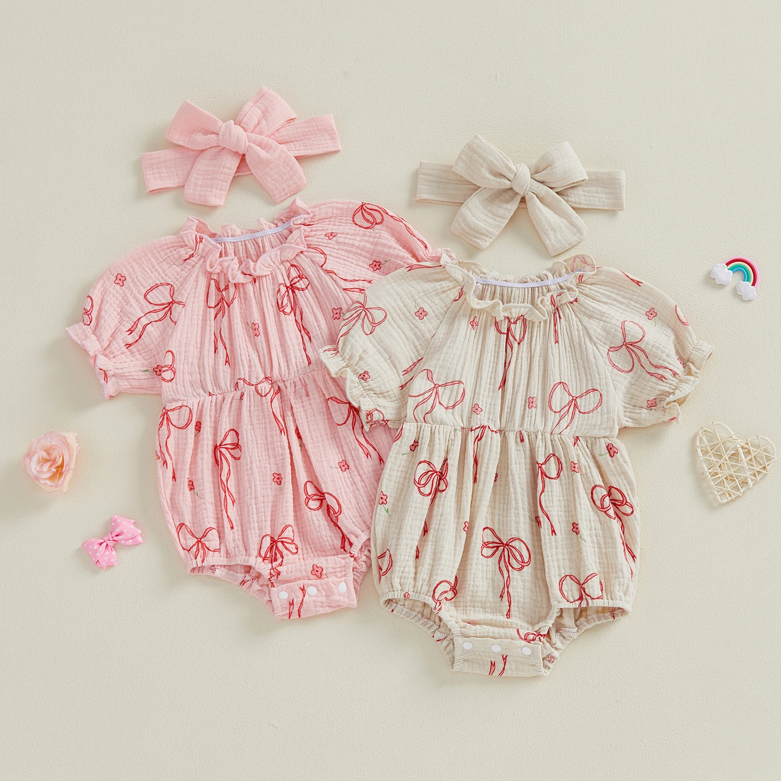 

Комбинезоны из 2 предметов для маленьких девочек, хлопковые боди с короткими рукавами и круглым вырезом, комбинезон с бантом и цветочным принтом, комплект с повязкой на голову