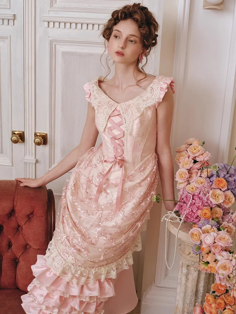 

86-100cmBust BirthdayParty Dress Women French Vintage Court Style Elegant Slim Short Sleeve Lace Patchwork Fishbone Basil Dress