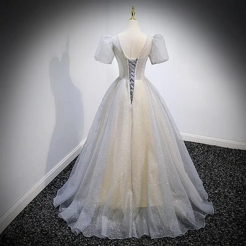 Formelles Abendkleid elegante V-Ausschnitt kurze Puff ärmel A-Linie Ballkleid funkelnde Pailletten zurück Schnürung boden lange Abendkleider