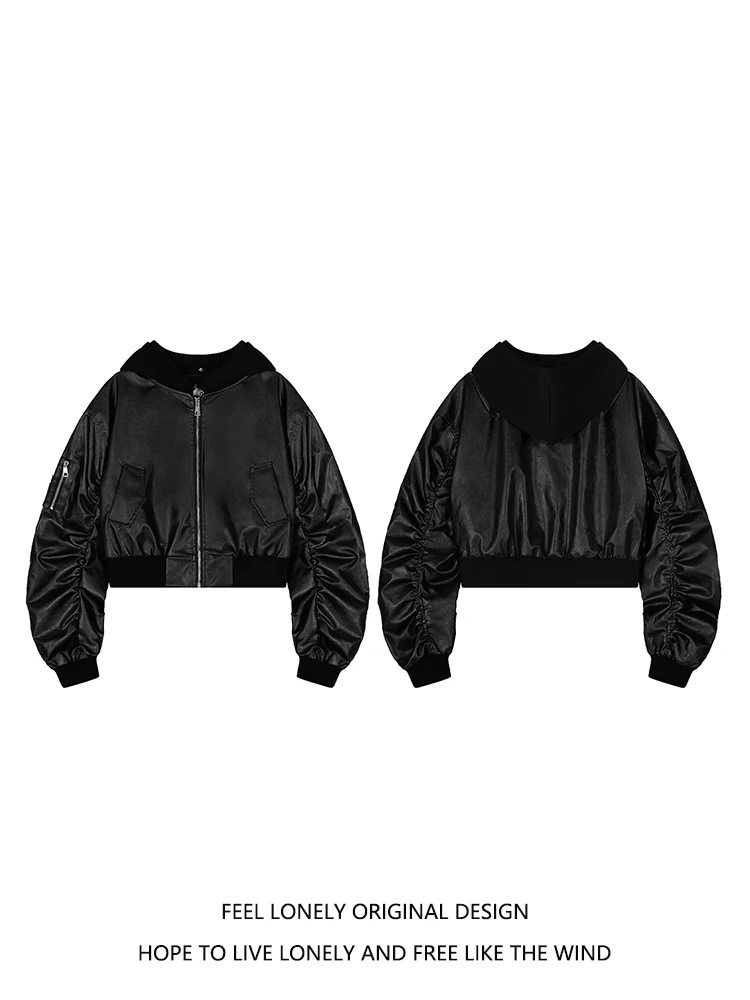 Feel Lonely American Design staccabile in pelle con cappuccio Jaet da donna allentato da motociclista Jaet ort Capispalla Autunno Faion