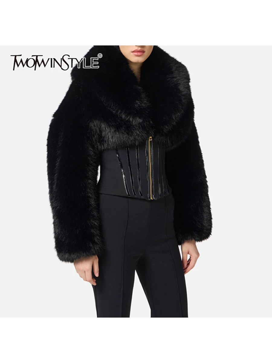 TWOTWINSTYLE Black Slimming Spliced Zipper Jackets for Women Lapel Long Sleeves Tunic Patchwork Fur Fashion Jacket Female New