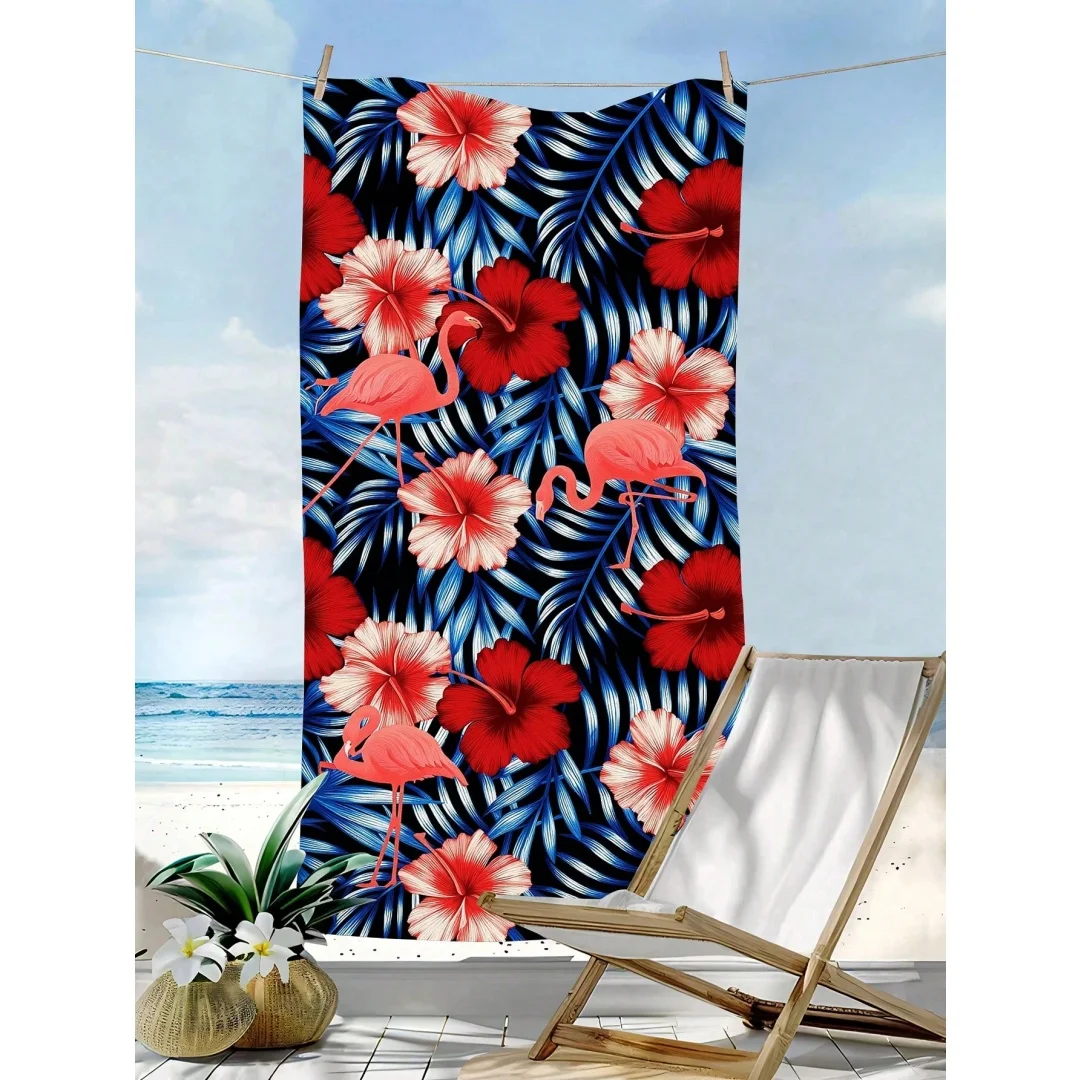 1pc Retro Flamingo and Hibiscus Print Quick Dry Lightweight Breathable Comfortable Beach Towel for Summer Pool and Outdoor Use