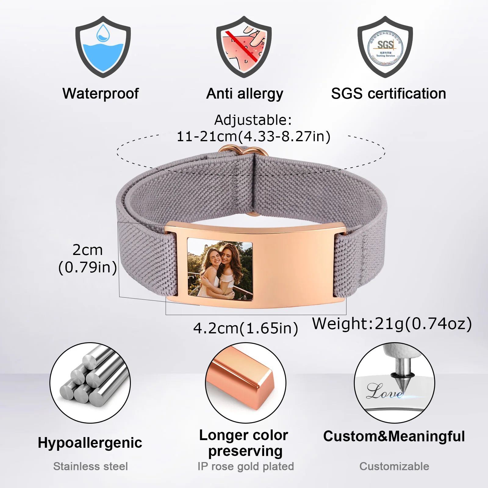 Personalisiertes Foto-Elastikarmband für Männer und Frauen, Individuell Gravierter Text Edelstahl-ID-Armbänder Geschenk – Detail 3
