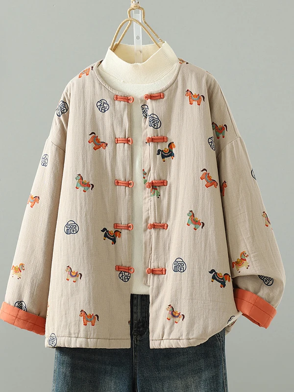 Chinese Style Cotton Linen Short Jacket Women's Winter Coat with Button Print Anti-Aging Cotton Clothes Loose Fit Long Sleeve