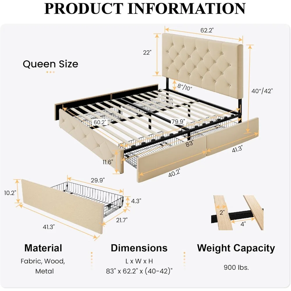 Upholstered Queen Size Platform Storage Bed Frame with 4 Drawers, Adjustable Headboard with Diamond Button Tufted Design