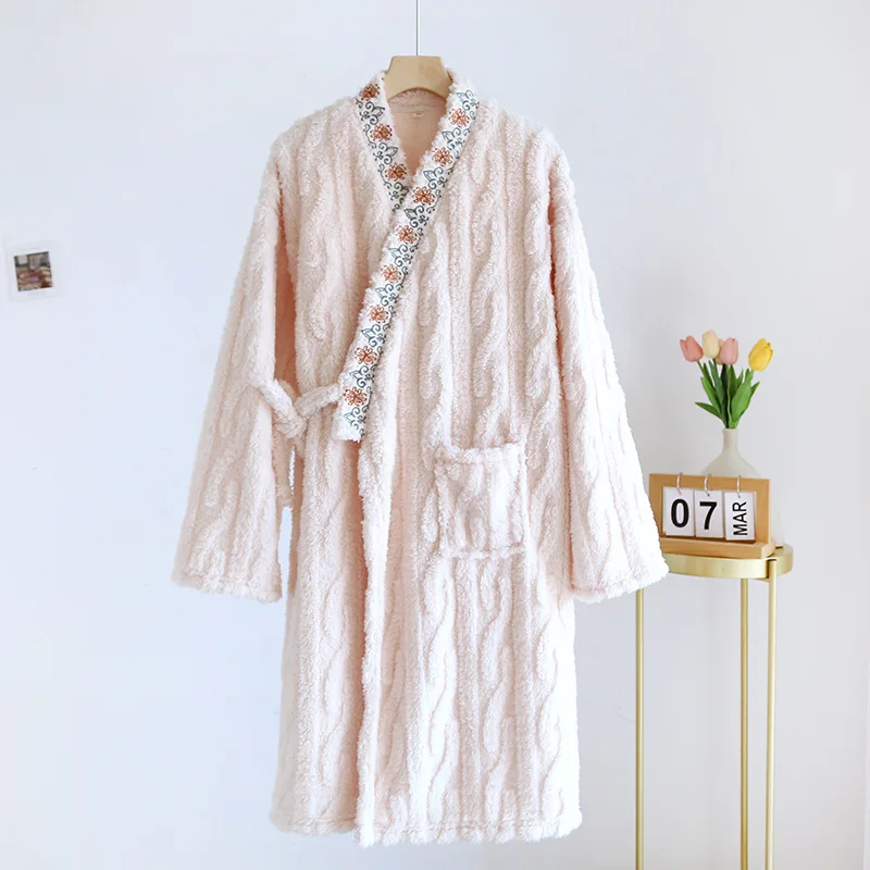 Flannel Embroidery Women\'s Nightgown Winter Long Kimono Bathrobe Fleece Thick Warm Home Pajamas Female Soft Lace-up Nightdress