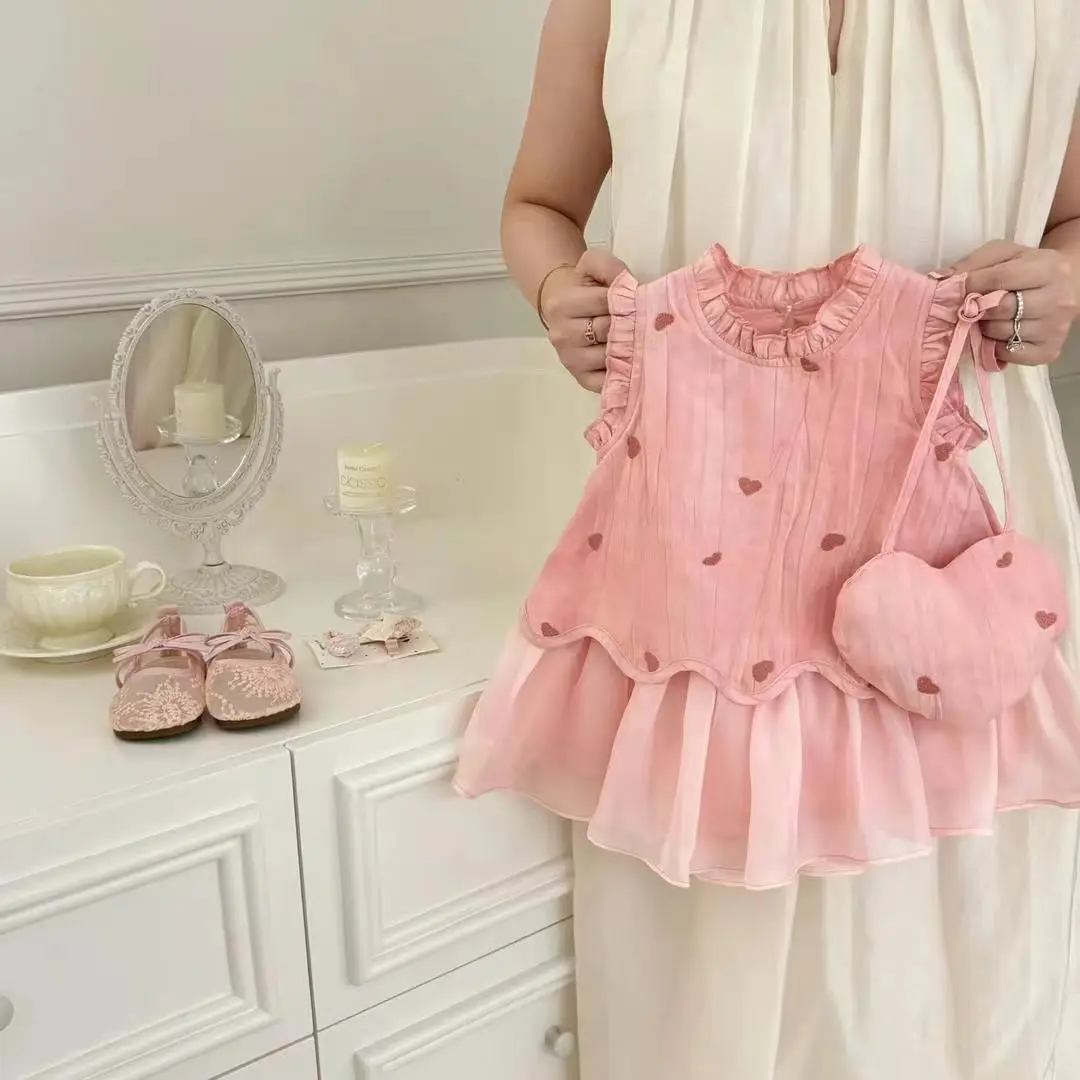 Girls' Tank Top Skirt Summer New Children's Love Princess Skirt Sweet Mesh Splicing Dress Princess Skirt