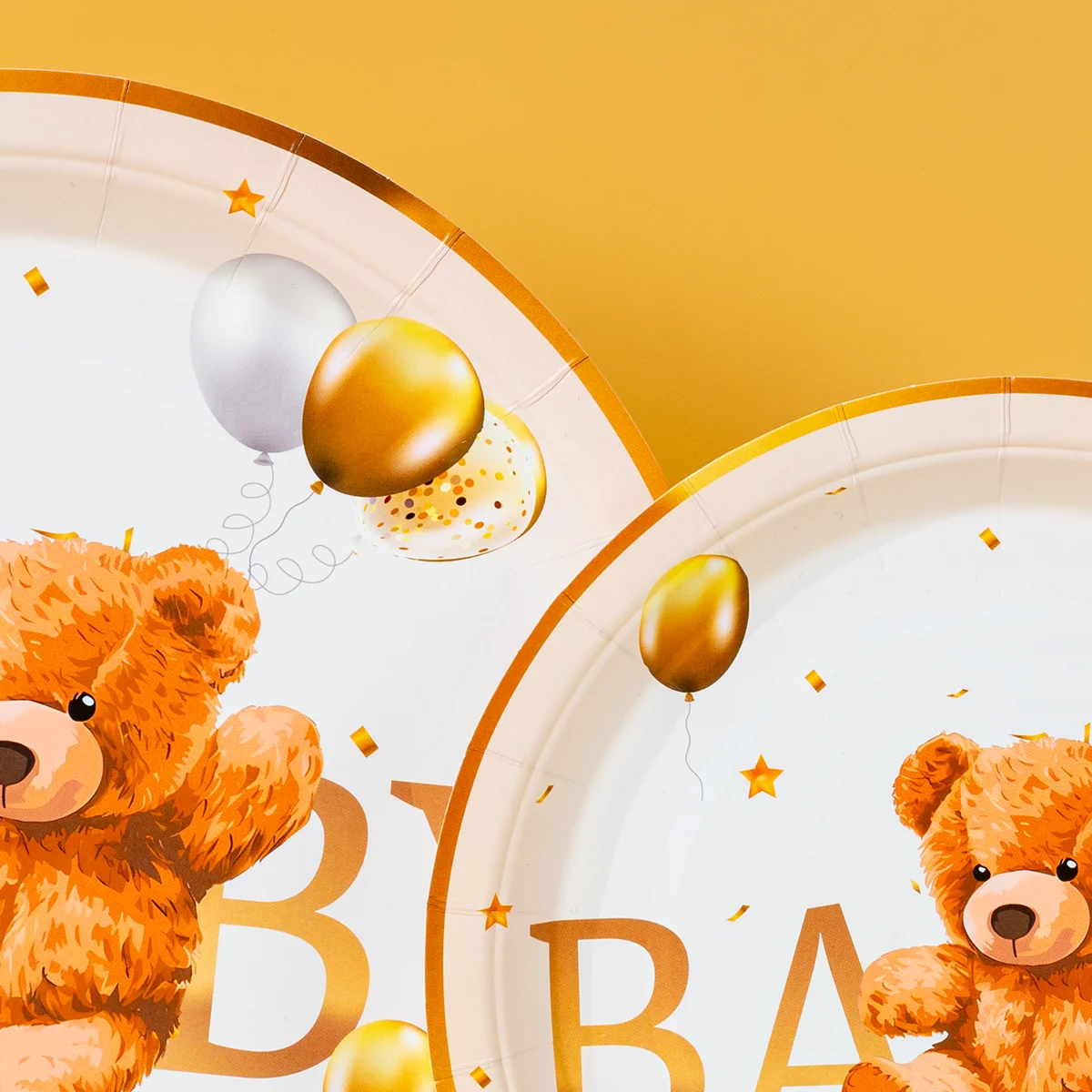 10/25/50pcs Gold Rim Baby Bear Print Disposable Paper Plates 7/9 Inch Round Plates for Gender Reveal view 3