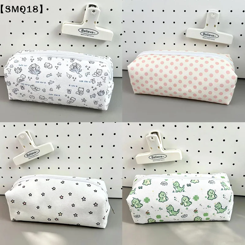 Canvas Pencil Case Polka Dot Bow Cat Star Print Sturdy Zipper Perfect For Students Daily Stationery Storage【SMQ】
