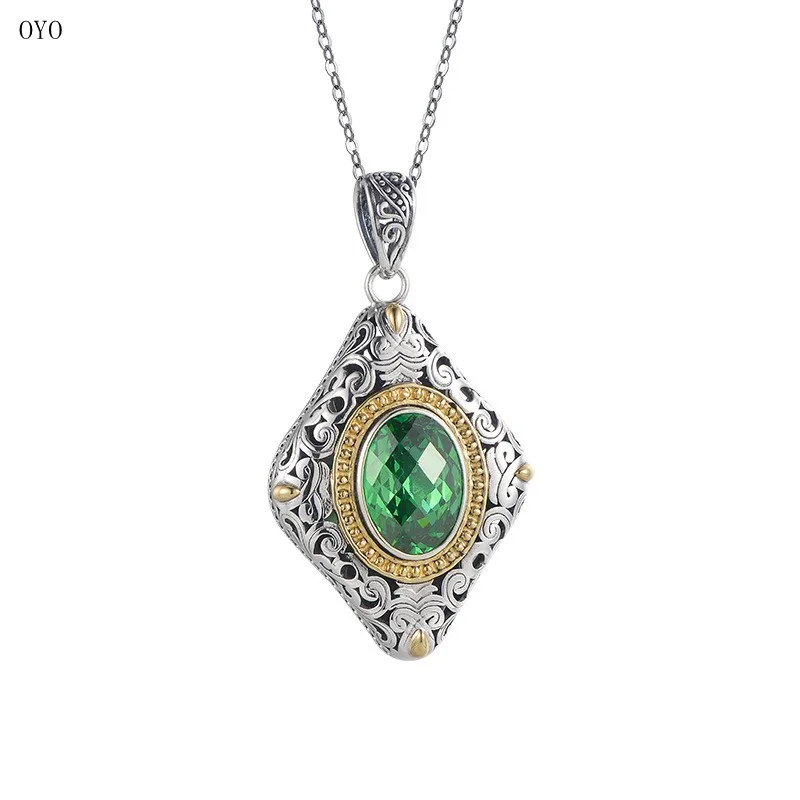 

100% S925 silver retro engraved openwork diamond-shaped inlaid green zircon pendant