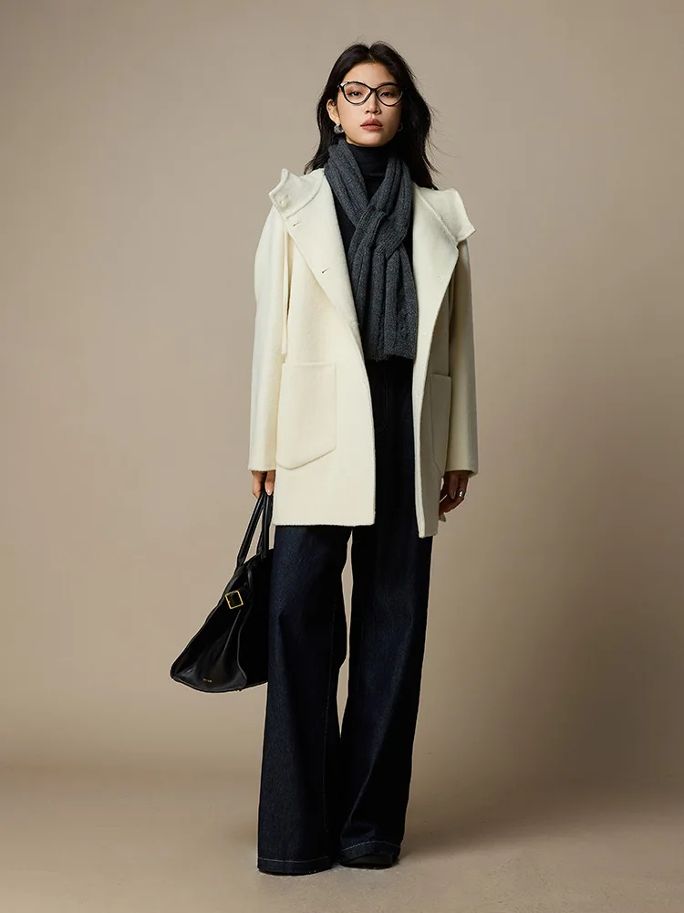 Birdtree، معطف قصير من صوف الأغنام بنسبة 70%، قطع علوية نسائية بغطاء للرأس، صوف مزدوج الجانب، معطف خريف وشتاء 2025، أبيض، رمادي، وردي T5N514JF #3