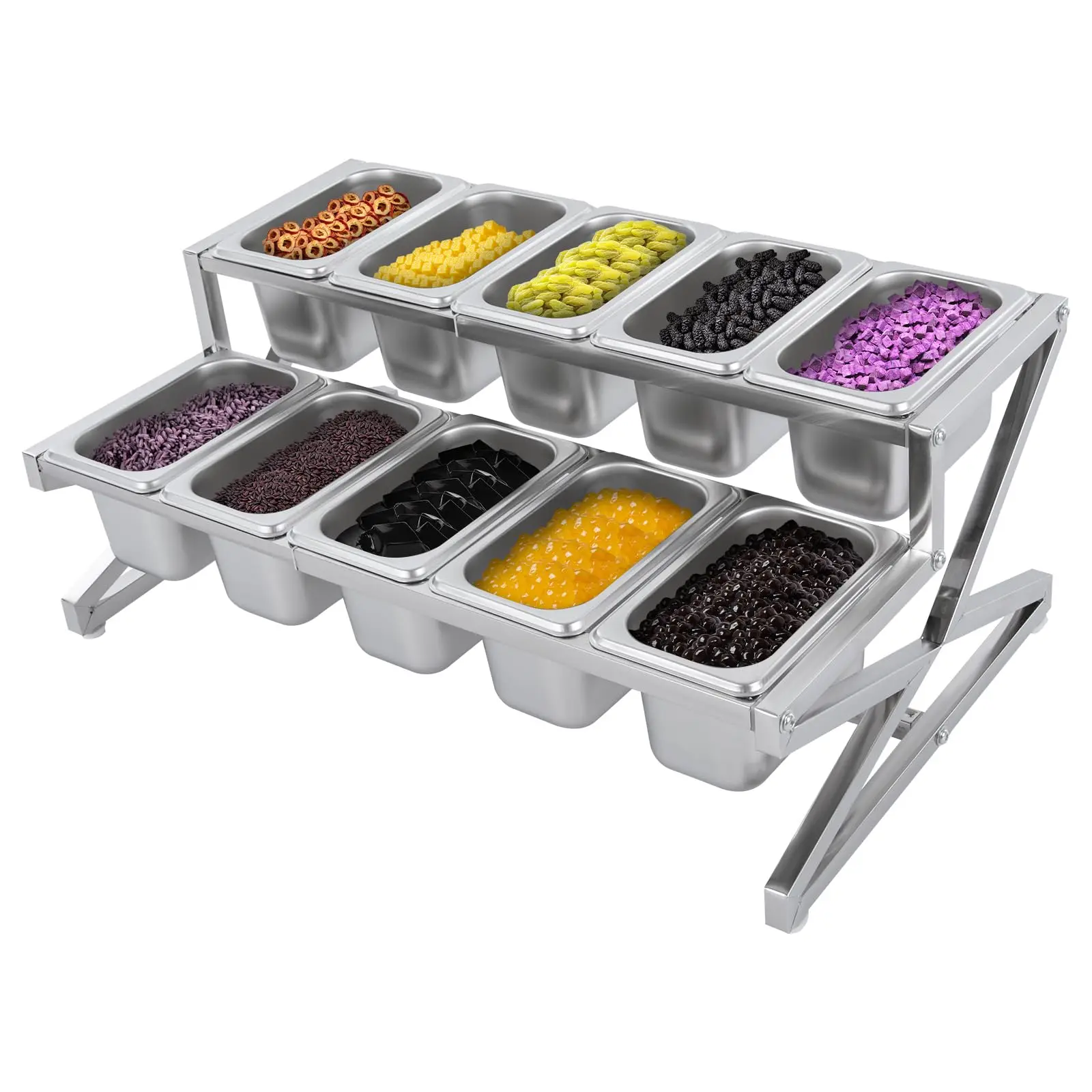 

Pizza Topping Station with Pans and Lids, 10 Compartments Stainless Steel Condiment Dispenser, Countertop Spice Rack Organizer