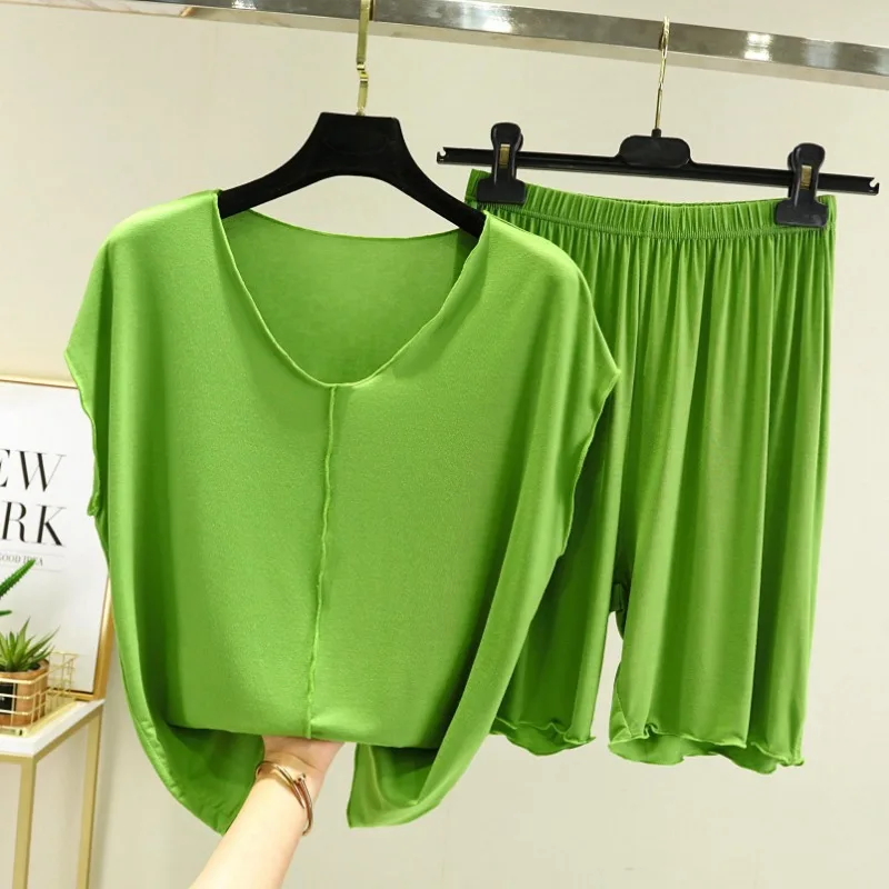 Modal Short-sleeved Suit Female in The Summer Loose Fallow Sleeveless T-shirt Base Shirt At Home Shorts and Pajamas Two-piece