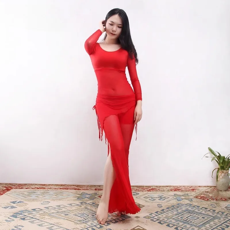 Dostosowane stroje do tańca brzucha Sukienka treningowa 2025 Seksowny zestaw do tańca z siateczki dla dorosłych Początkujący Kobieta Tanie ubrania Top i spodnie