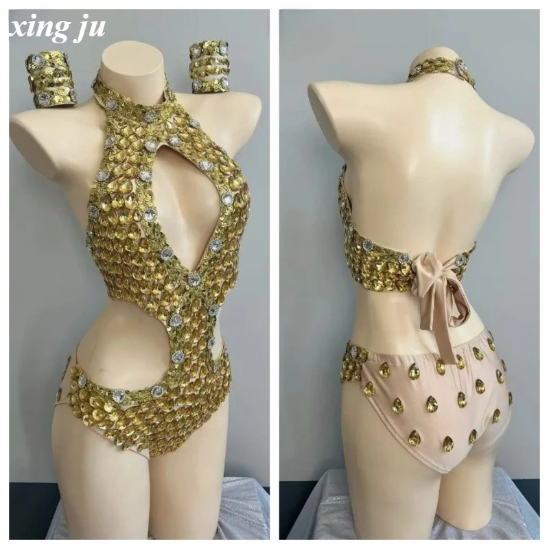 

Xing Ju Custom Female Sexy Luxury Diamond Hollow Out Bodysuit Women Set Nightclub Party Singer Dancer Stage Performance Costume