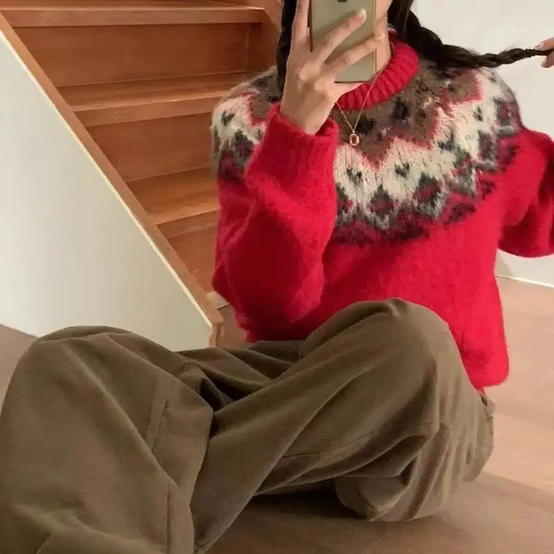 

YYAHAHAS Jacquard Round Neck Sweater with Retro High-end Feel Korean Version Pullover Knit Sweater with Warm Top Inside