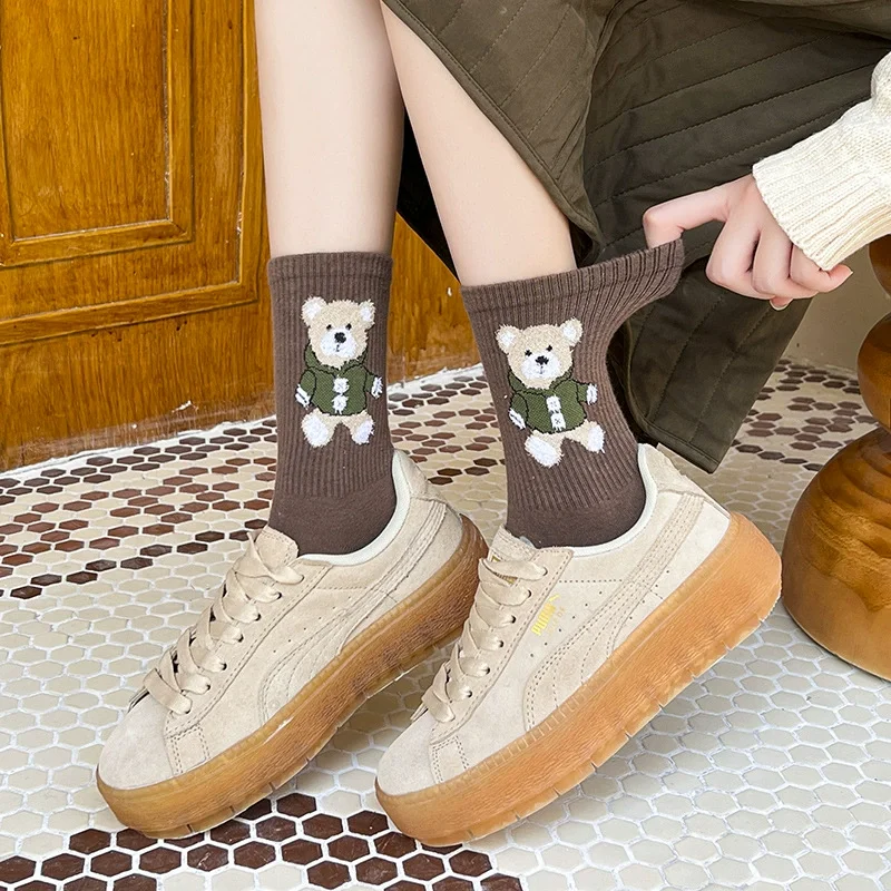 Socks Women\'S Autumn Winter Spring Kawaii Bear Cute Cartoon Harajuku Short Middle Tube Sock Sports Cotton Calcetines Mujer meias