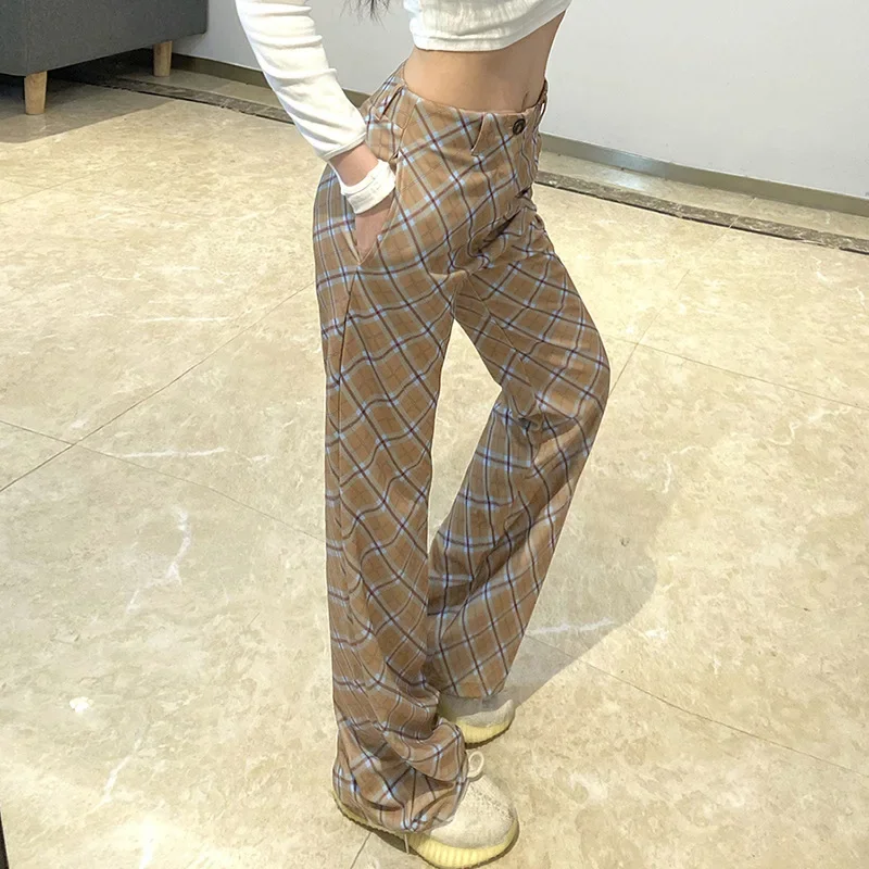 

Women's Loose High Waist Fashion Plaid Casual Wild Wide-leg Pants Women Plaid Printed Retro Trousers 2021 Autumn and Winter New