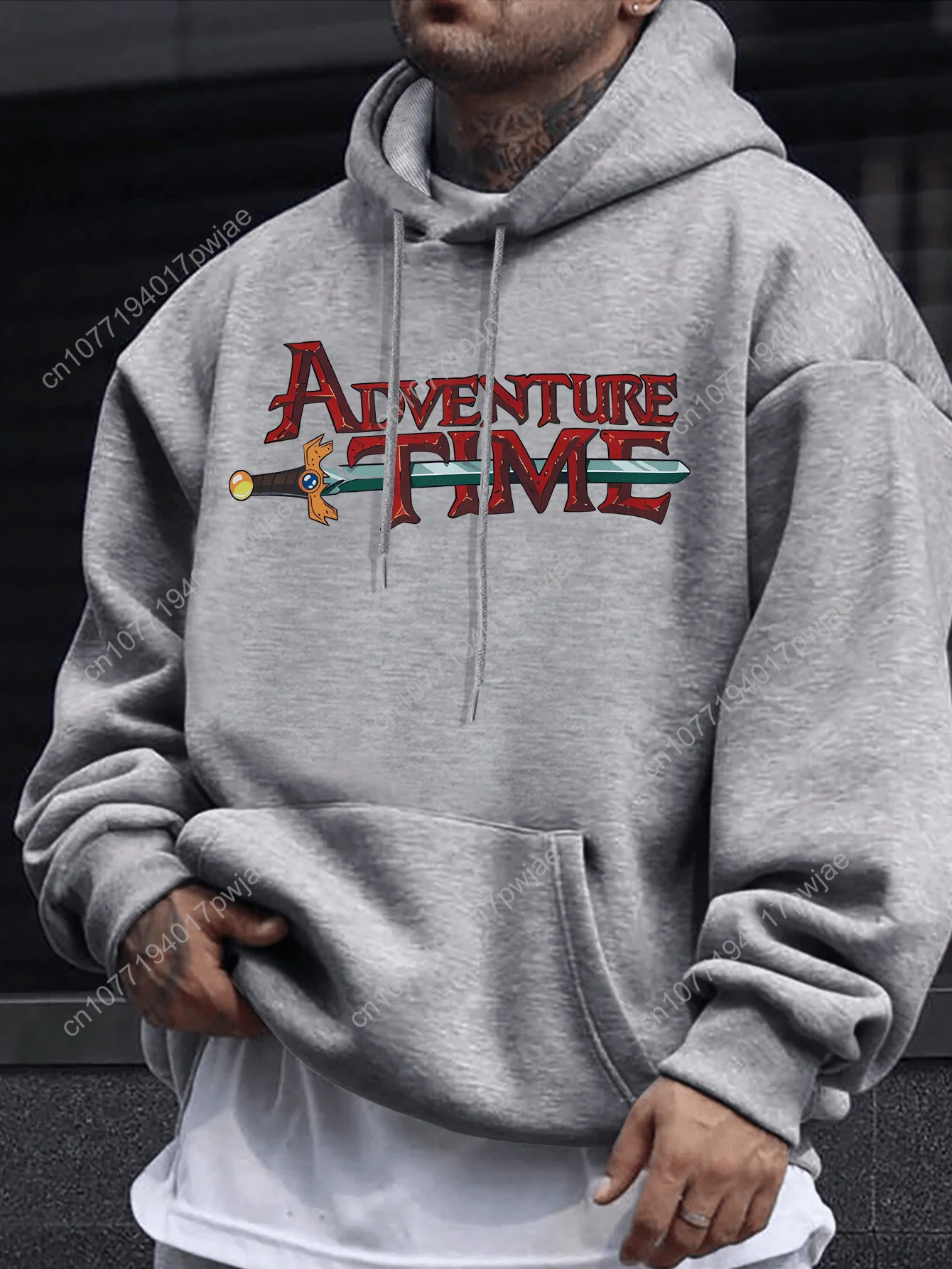 

Men'S Adventure Time Graphic Hoodie - Black Casual Pullover with Kangaroo Pocket, Long Sleeves, Polyester Blend for Fall/Winter,