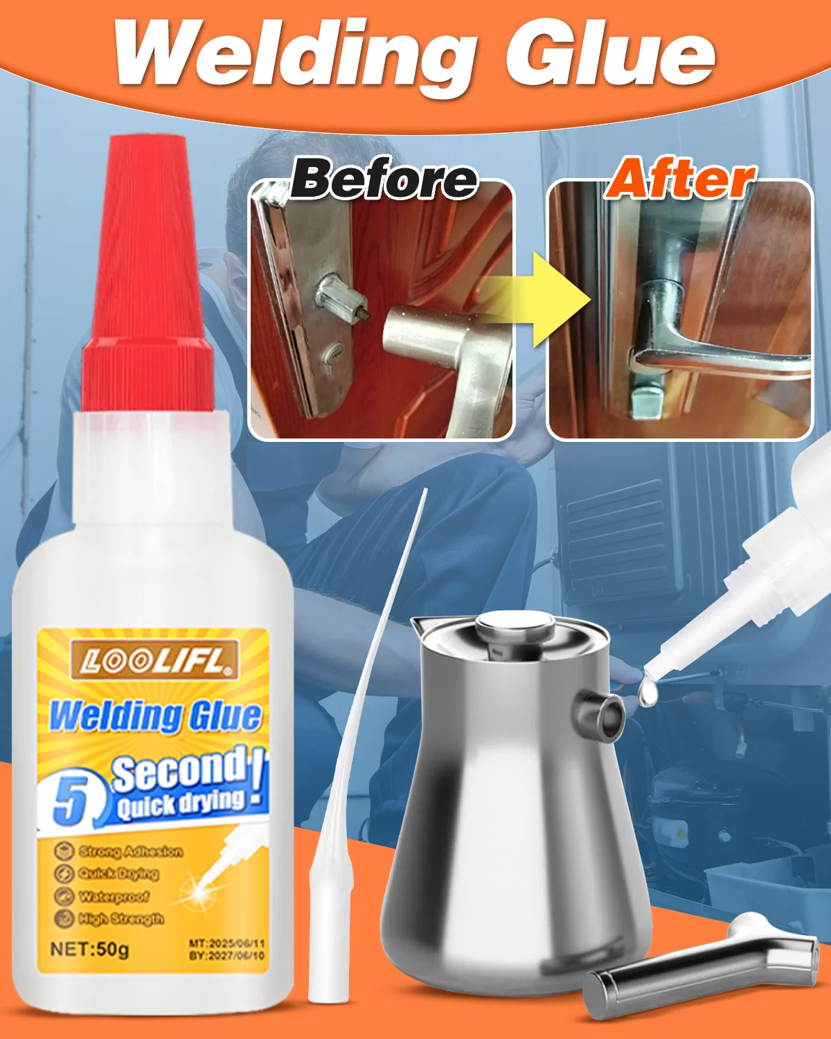 LOOLIFL Super Welding Glue 50ml Instant Fast Adhesive Universal Welding Super Glue Plástico Madera Modelo Metal Vidrio Goma Neumático Zapatos Reparación Glue Super Strong Adhesive Extra Strength Liquid Repair Tools